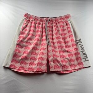 Hurley Mens Swim Trunks XL Pink White Swirl Board Shorts Mesh Liner Drawstring